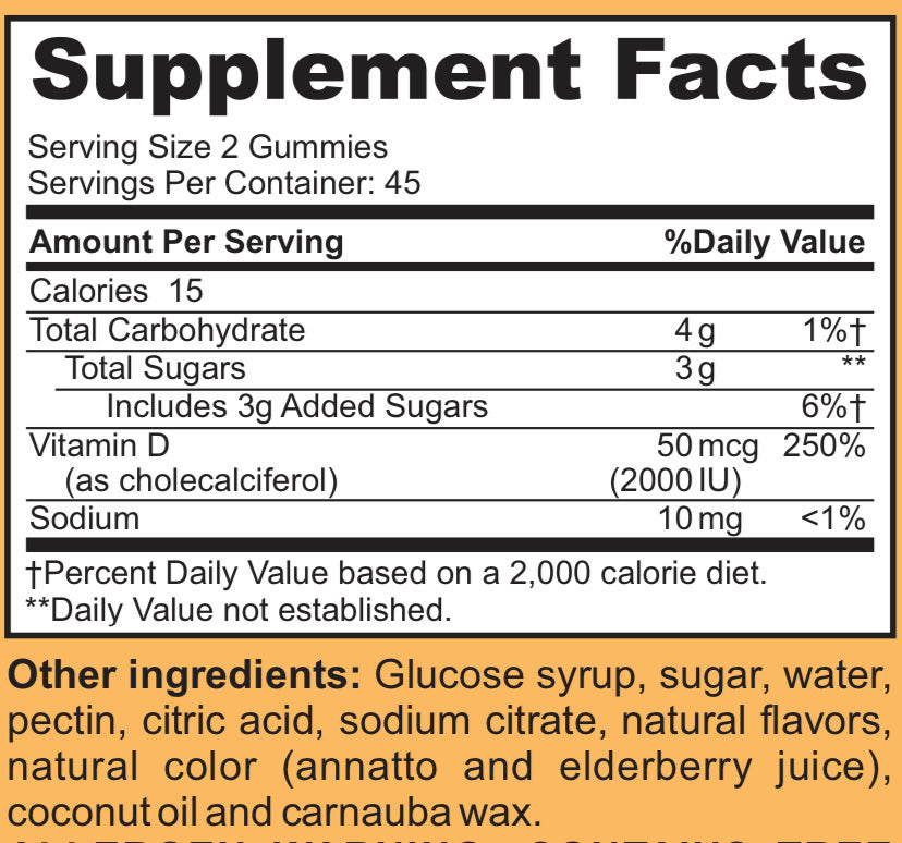 Supplement Facts Vitamin D3 2000 IU gelatin-free gummies