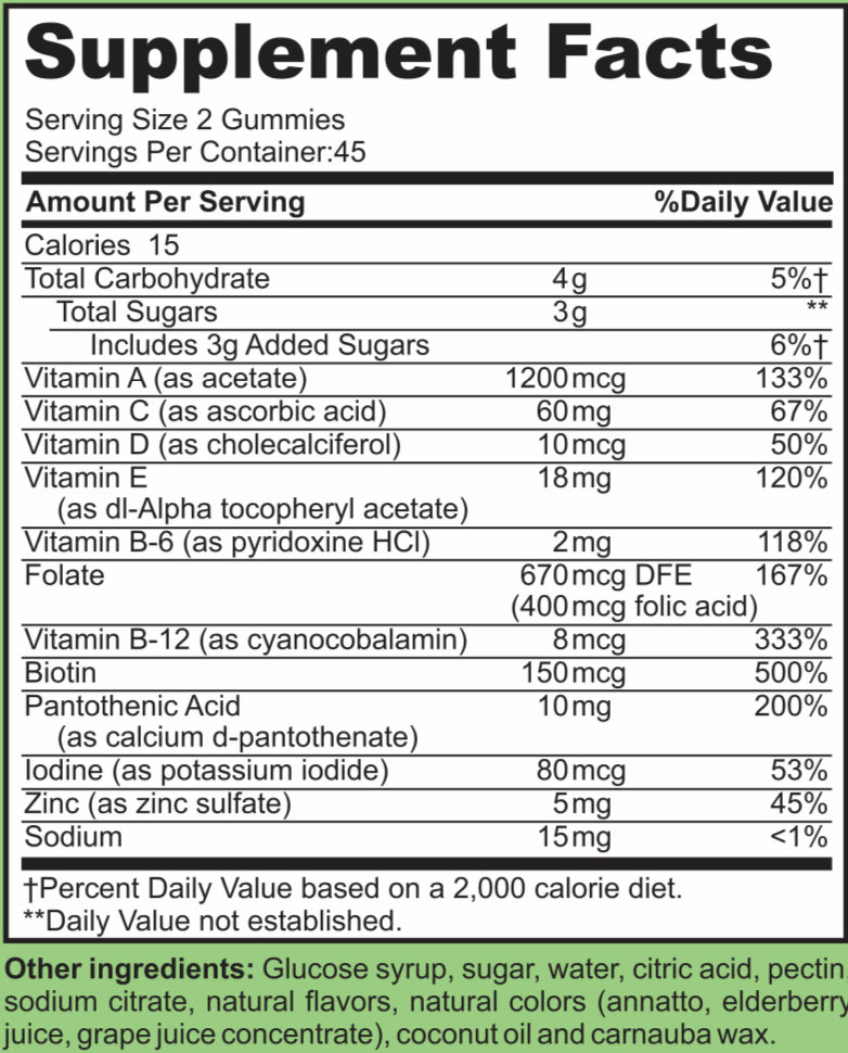Adult multivitamin vegetarian gelatin-free  gummies supplement facts