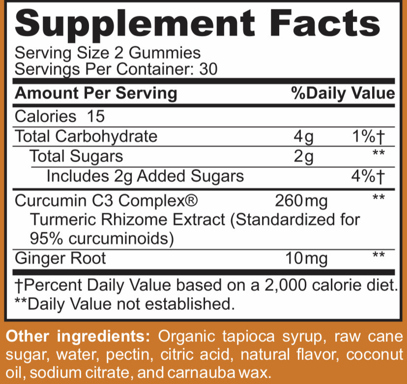 Turmeric Curcumin 260 mg with Ginger Vegetarian gelatin-free gummies supplement facts