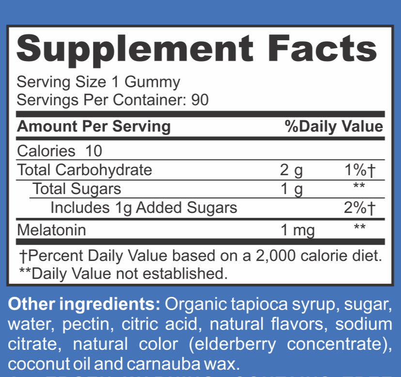 Supplement Facts Kids Melatonin 1mg vegetarian, gelatin-free gummies