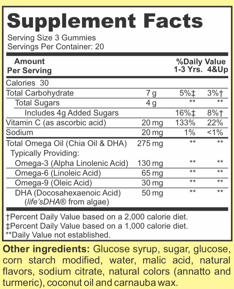 Supplement Facts Kids Omega + DHA vegetarian gelatin-free gummies