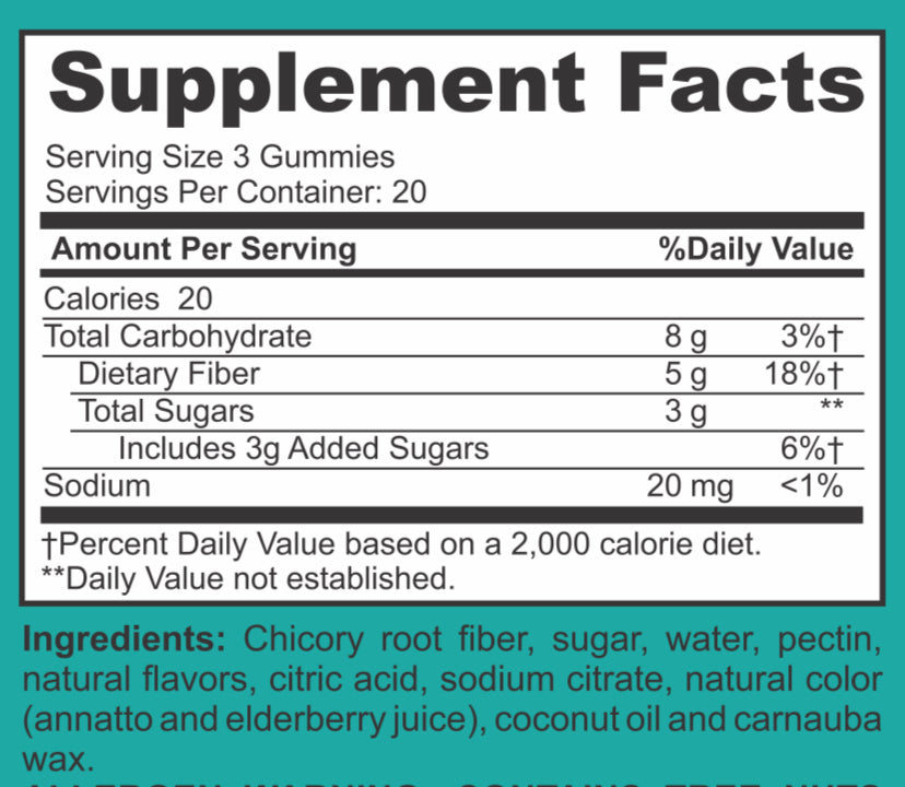  Supplement Facts Fiber 5gm with Chicory Root Fiber, vegetarian gelatin-free gummies