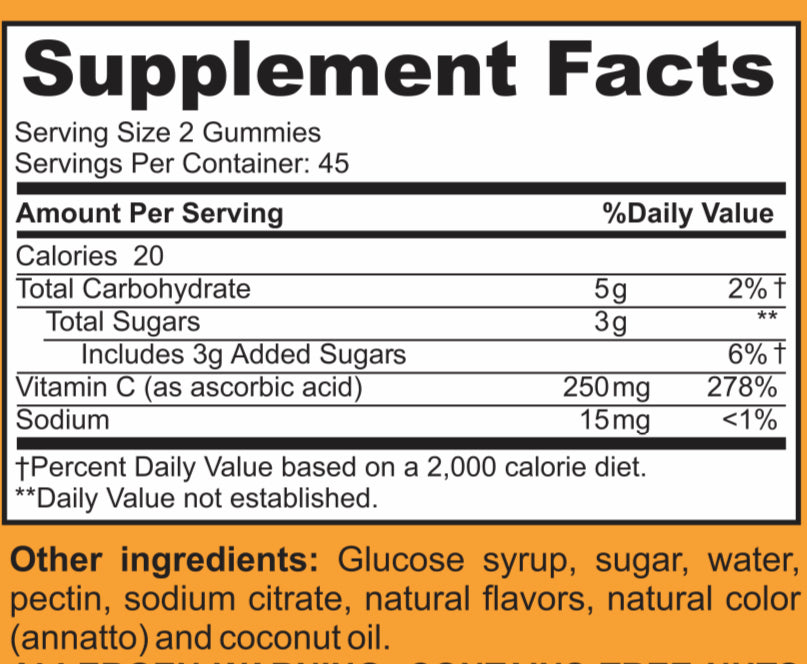 Vitamin C 250 mg vegetarian gelatin-free gummies supplements facts