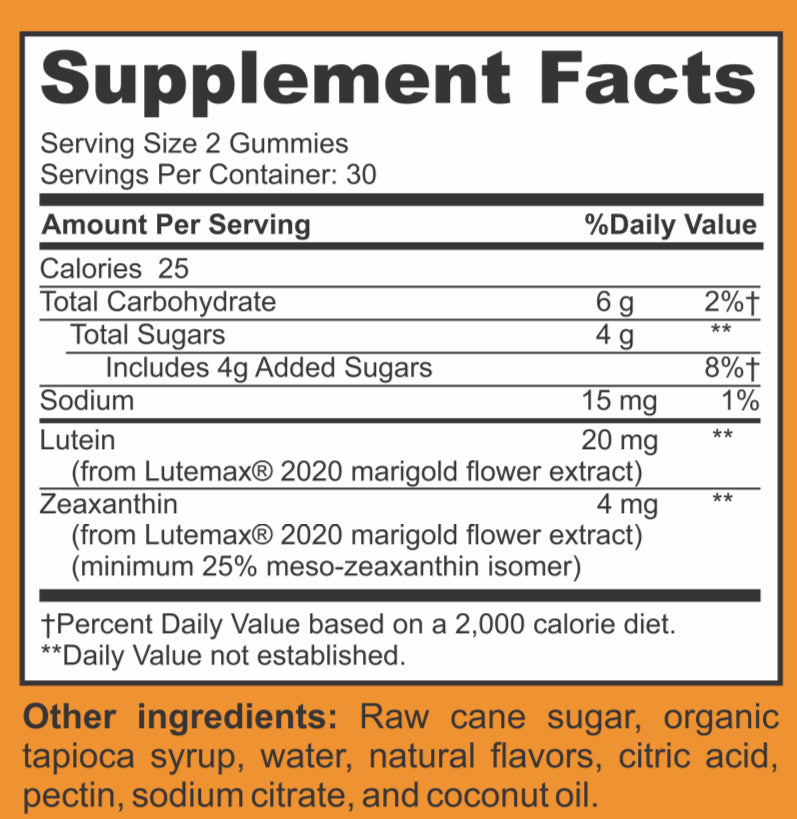 Supplement Facts Lutein 20 mg with Zeaxanthin vegetarian, gelatin-free gummies